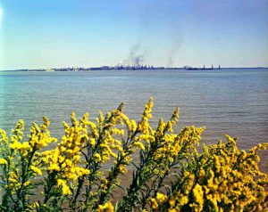 A vintage color photograph of the steel mill, with smoke billowing out of the smokestacks, viewed from across the river.