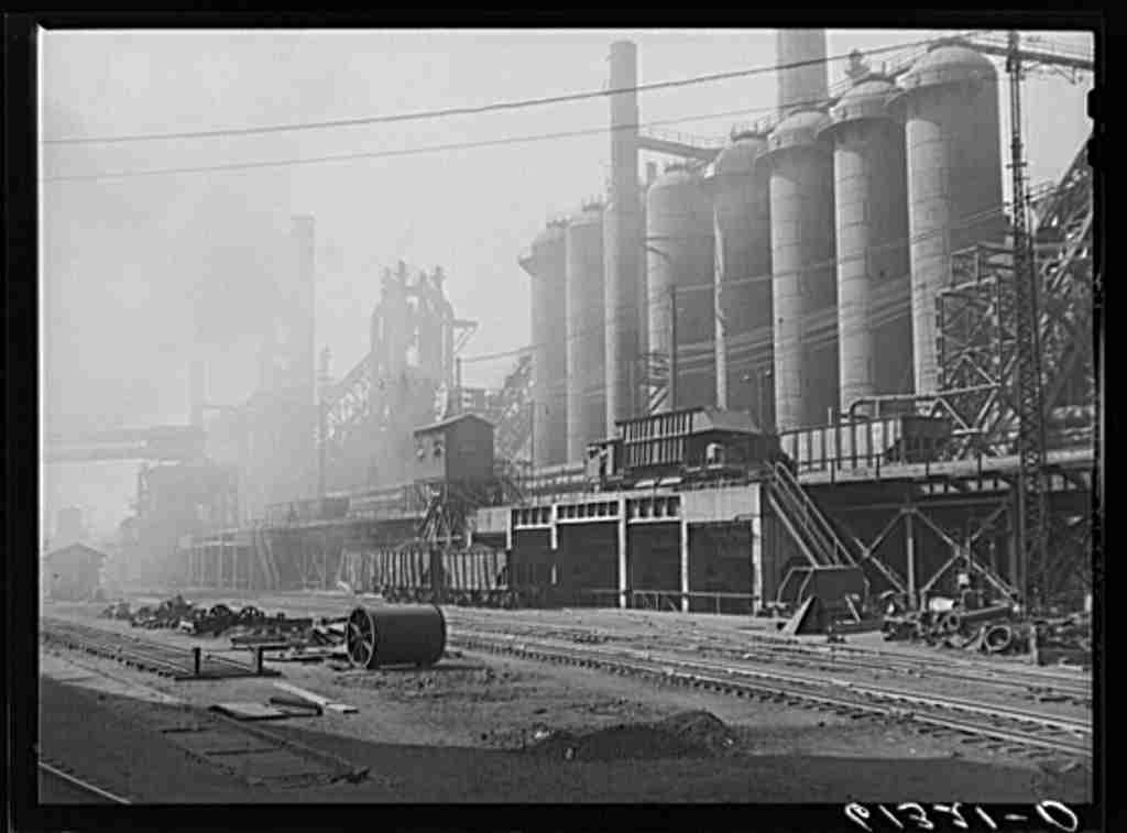 A black and white photograph of the Bethlehem Steel mill at Sparrows Point, including railroads