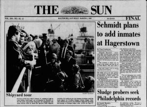 This image shows the front page of the Sun newspaper from March 6, 1982, with a large black and white photo of dignitaries at the Sparrows Point shipyard and the headline "Shipyard tour"