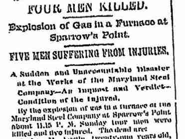 Black and white image of a Baltimore Sun article from 1891 describing the accident