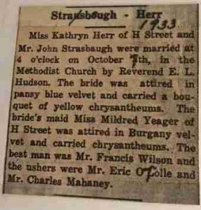 Black and white newspaper clipping describing Kathryn Herr and John Senior's wedding