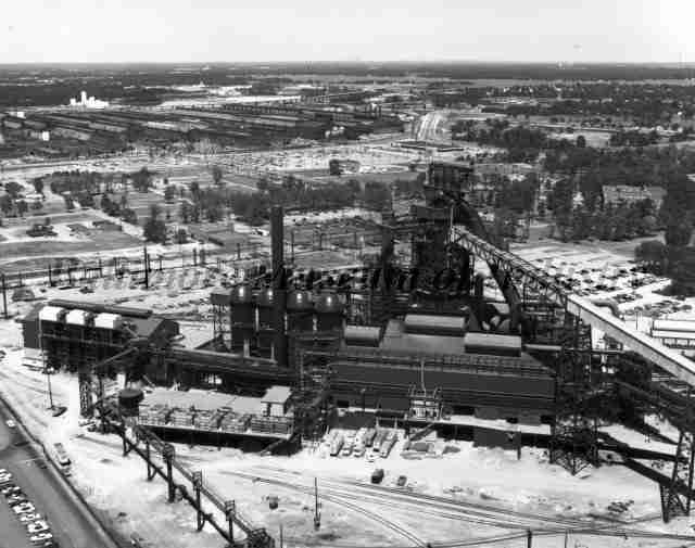 Black and white photo of blast furnace L, a triangular shaped blast furnace.